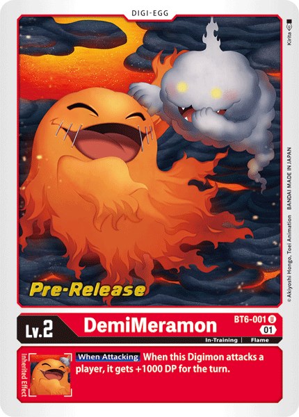 The image displays a unique Digimon card, DemiMeramon [BT6-001], from the Double Diamond Pre-Release series. This 