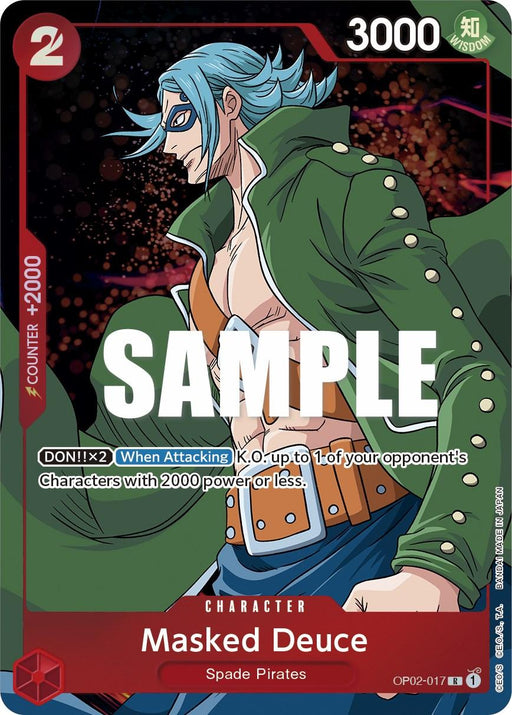 A rare trading card featuring the character Masked Deuce from Spade Pirates. He has blue hair, glasses, and wears a green jacket with an open shirt revealing his chest. The card has a power of 3000, a counter of 2000, and a DON! x2 ability. The background is red, and "SAMPLE" is printed in the center. This exclusive item is the Masked Deuce (Alternate Art) [Paramount War] by Bandai.