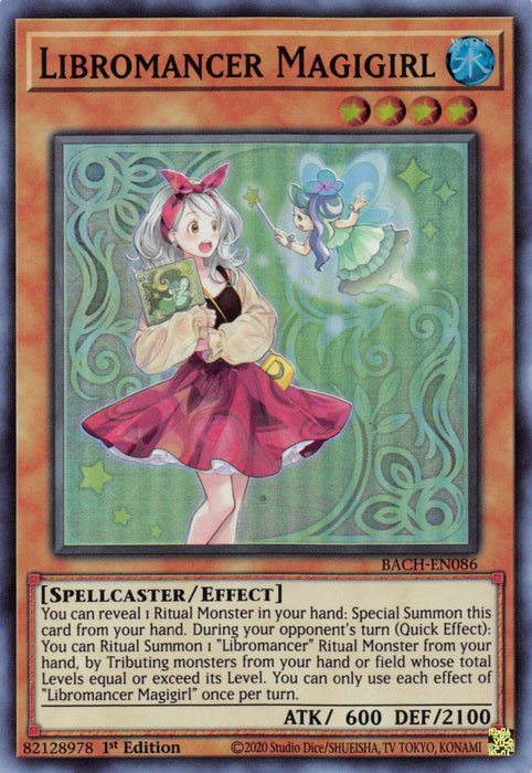 A Yu-Gi-Oh! trading card featuring the Effect Monster "Libromancer Magigirl [BACH-EN086] Super Rare." She is a young girl with silver hair, wearing a black top, red skirt, and green jacket, holding a book. A small fairy-like creature is next to her. The card has a blue water attribute symbol and contains spellcaster and effect information.