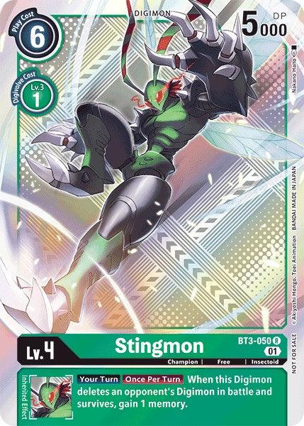 A Digimon card featuring Stingmon [BT3-050] from the Official Tournament Pack Vol.4 showcases an insectoid Digimon with green and black armor and a red visor. This Release Special Booster Promos card highlights its Level 4 status, a 5000 DP, and has a play cost of 6. The special ability is displayed in a green box at the bottom, against a background adorned with digital circuitry patterns.