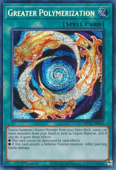 A "Yu-Gi-Oh!" Normal Spell card titled "Greater Polymerization [MP22-EN050] Prismatic Secret Rare." From the 2022 Tin of the Pharaoh's Gods, this Prismatic Secret Rare card features a swirling elemental design in red, blue, and gold. Its effects include granting immunity to card effects, inflicting piercing damage, and additional bonuses when using 3 or more monsters.