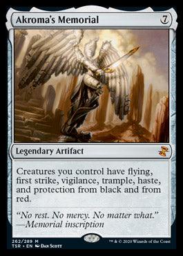 A Magic: The Gathering card named "Akroma's Memorial [Time Spiral Remastered]" from Magic: The Gathering. It has a silver border with an illustration of an angelic figure with wings, holding a sword, standing on rugged terrain. This Mythic Legendary Artifact grants various abilities to creatures you control. Art by Dan Scott.
