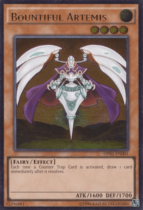 Image of a Yu-Gi-Oh! Ultimate Rare trading card titled "Bountiful Artemis [OP01-EN001]." The card displays a fairy-like Effect Monster with white wings, armor, and a scepter. Each time a Counter Trap Card is activated, the player draws a card. It has 1600 ATK and 1700 DEF. Serial number: 322