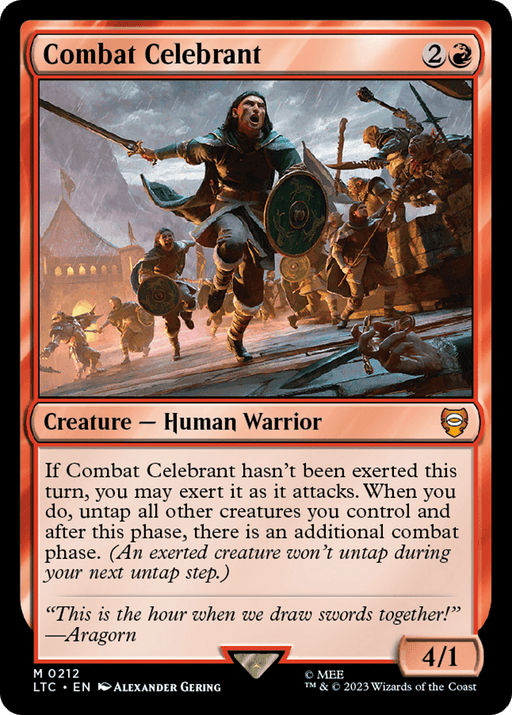 A Magic: The Gathering card titled "Combat Celebrant [The Lord of the Rings: Tales of Middle-Earth Commander]." It costs 2 red mana and 1 generic mana. The card illustration depicts a warrior leading a charge with others in the background. With a power/toughness of 4/1, its text details abilities like exertion and extra combat phases, perfect for Commander decks.