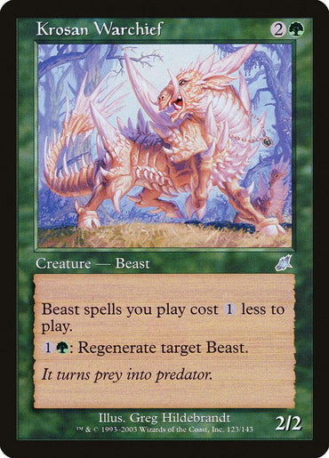 The Magic: The Gathering card "Krosan Warchief" from the Scourge set features a spiked-armored beast maneuvering through a forest. This card reduces the cost of Beast spells by 1 and allows you to regenerate a target Beast for 1G. It has stats of 2/2, highlighted by Greg Hildebrandt's remarkable artwork.