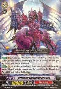 A card from the Cardfight!! Vanguard series titled "Crimson Lightning Dragon (PR/0044EN) [Promo Cards]" by Bushiroad. It features a powerful dragon with crimson armor and lightning motifs, representing the Dragon Empire. This Promo Rare card details its abilities and stats, boasting a power of 10000 and shield of 1000 with specific game functions in text boxes.