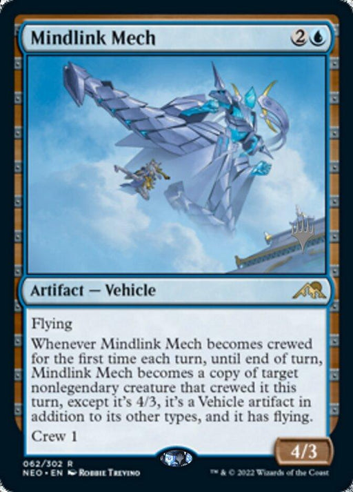 The image is of a "Magic: The Gathering" trading card named "Mindlink Mech (Promo Pack) [Kamigawa: Neon Dynasty Promos]," hailing from the Kamigawa: Neon Dynasty Promos set. It is a blue-colored artifact vehicle with flying abilities, requiring 2 and 1 blue mana to cast. The card features an illustration of a futuristic, angular flying machine piloted by a figure against a cloudy sky. Its power/tough