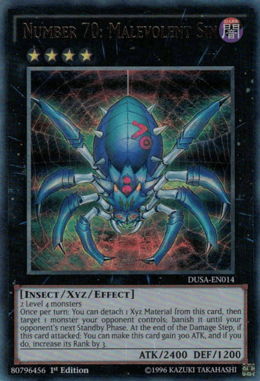 A Yu-Gi-Oh! trading card titled "Number 70: Malevolent Sin [DUSA-EN014] Ultra Rare." This Ultra Rare Xyz/Effect Monster features a mechanical spider-like creature with blue armor and red eyes. With stats of 2400 ATK and 1200 DEF, it's a 1st Edition from the Duelist Saga (DUSA-EN014) set, complete with detailed game text in.