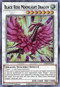 The image showcases a Yu-Gi-Oh! trading card titled "Black Rose Moonlight Dragon (Purple) [LDS2-EN112] Ultra Rare," part of the Legendary Duelists: Season 2 set. It features a majestic, pink dragon with wings spread wide and a prominent, glowing blue orb on its forehead. The card details include its type (Dragon/Synchro/Effect), attack (2400), and defense (1800) points.