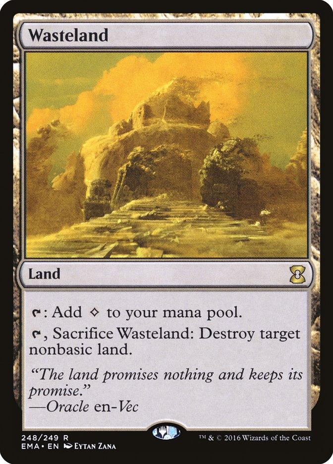 A Magic: The Gathering product titled "Wasteland [Eternal Masters]" features an arid land with rocky cliffs under a yellow sky. Its abilities include adding colorless mana or sacrificing it to destroy a nonbasic land. The artwork by Eytan Zana complements the flavor text: “The land promises nothing and keeps its promise.”