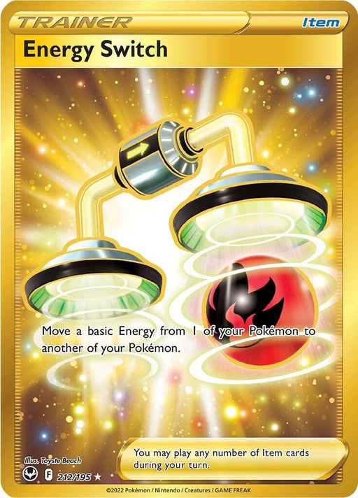 A Pokémon Trainer item card named "Energy Switch (212/195) [Sword & Shield: Silver Tempest]." The card, part of the Sword & Shield series, features an illustration of a mechanical device with two green-glowing platforms transferring a red and black fireball between them. The background is golden and sparkling. The text reads: “Move a basic Energy from 1 of your Pokémon to another of your Pokémon.”
