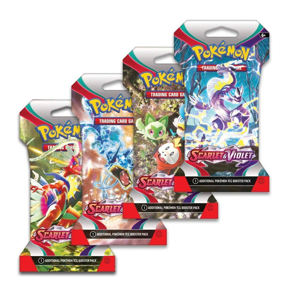 Four Pokémon Scarlet & Violet - Sleeved Booster Packs are displayed in a slightly staggered arrangement. Each pack features colorful artwork with different Pokémon and is labeled "Scarlet & Violet expansion" at the bottom. The vibrant packaging showcases the Pokémon logo prominently at the top.