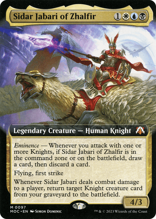 The Magic: The Gathering card, Sidar Jabari of Zhalfir (Extended Art) [March of the Machine Commander], showcases a legendary creature—a human knight in ornate armor riding a large bird. This mythic card features a gold border and includes text explaining the creature's abilities, with stats of 4/3. The card's cost is one white, one blue, and one black mana plus one generic mana.