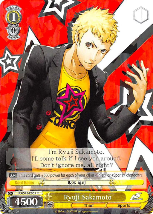 Image of a "Bushiroad" character card featuring Ryuji Sakamoto (P5/S45-E005 R) [Persona 5]. Ryuji, a blond teenager and Thief, sports a yellow shirt with a pink star, black jacket, and gray pants. He poses confidently against a red background with white and black stars. Text on the card details his name and stats.
