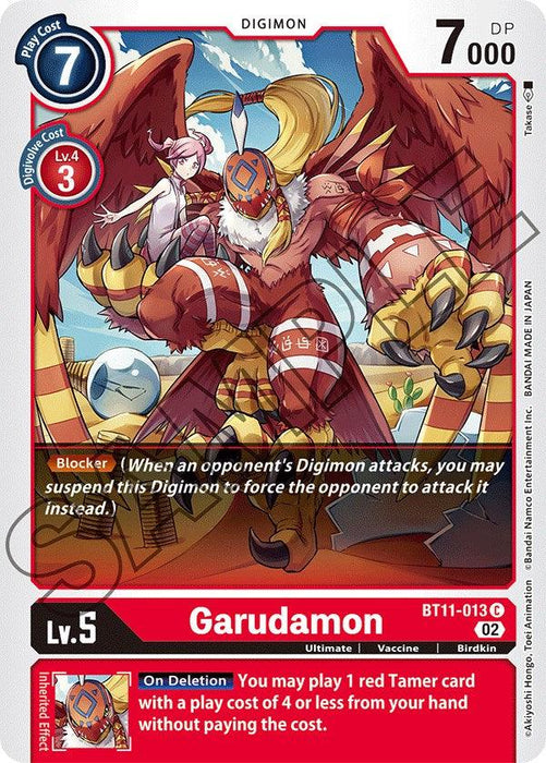 Card image of Garudamon [BT11-013] [Dimensional Phase] from the Digimon collection. This Birdkin showcases a large, winged humanoid bird adorned with red feathers, armor, and yellow accents. A small white creature sits on its shoulder. The card details encompass Digimon type, level, power stats, and special abilities like Blocker.