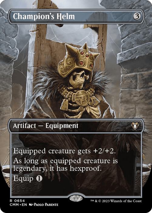 A Magic: The Gathering card named "Champion's Helm (Borderless Alternate Art) [Commander Masters]." This Artifact Equipment features a skeleton king in ornate golden helmet and armor, seated on a crumbling stone throne. The text box states, "Equipped creature gets +2/+2. As long as equipped creature is legendary, it has hexproof. Equip 1." This card from Commander Masters is a must-have for any deck!