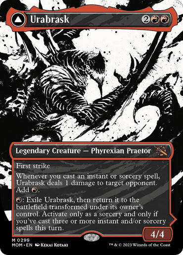 A Magic: The Gathering card titled "Urabrask // The Great Work (Showcase Planar Booster Fun) [March of the Machine]." This Legendary Creature - Phyrexian Praetor has 4/4 power and toughness and costs 2 red and 2 colorless mana. It features First Strike and abilities related to instants and sorceries. The artwork depicts a dark, menacing Phyrexian creature from the March of the Machine set.