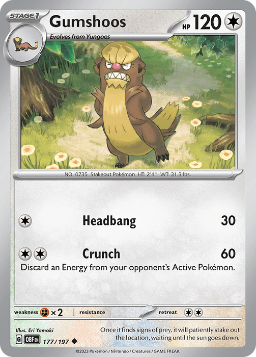 An image of a Pokémon Trading Card from the Scarlet & Violet: Obsidian Flames series featuring Gumshoos (177/197). The card displays Gumshoos, a brown, mongoose-like Pokémon with a yellow mane standing upright in a grassy field with logs and mushrooms. The Colorless type has 120 HP and two moves: Headbang (30 damage) and Crunch (60 damage).