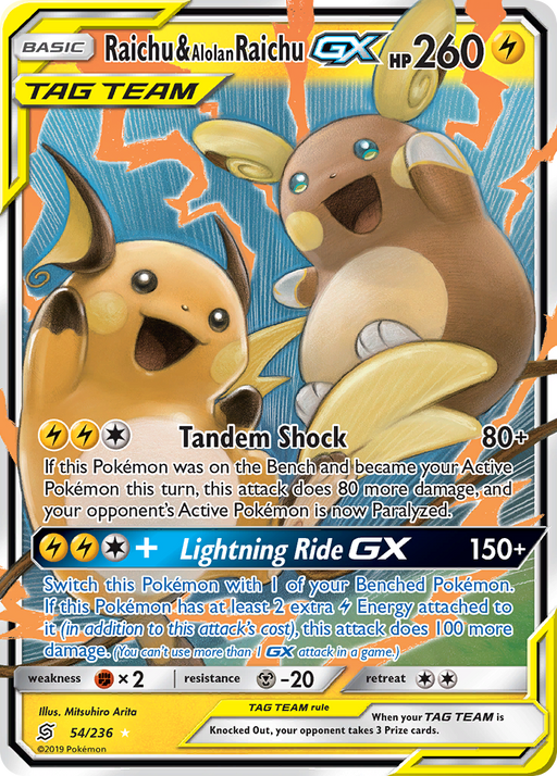 A Pokémon card named Raichu & Alolan Raichu GX (54/236) from the Sun & Moon: Unified Minds set features an ultra rare Raichu & Alolan Raichu with a striking yellow and black border. This card boasts 260 HP and includes the attacks "Tandem Shock," dealing 80 damage, and "Lightning Ride GX," which inflicts 150+ damage. The illustration dynamically showcases both Raichu and Alolan Raichu in action.