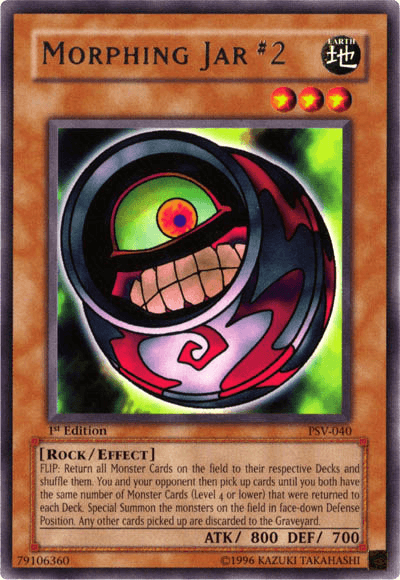 An image of the "Morphing Jar #2 [PSV-040] Rare" Yu-Gi-Oh! trading card. The card features a cyclopean jar-like creature with a large single eye, a wide grin, and red markings. This Rare Rock/Effect Monster belongs to the Pharaoh's Servant set, with 800 ATK and 700 DEF, labeled as PSV-040, 1st Edition.