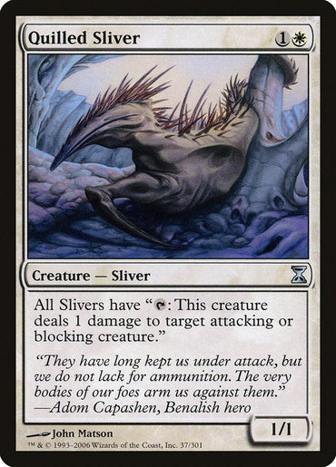 The "Quilled Sliver" card from Magic: The Gathering's Time Spiral edition features a spiky creature in a rocky environment. The frame provides game text highlighting its abilities, an insightful quote from Adom Capashen, and credits for the illustration to John Matson.