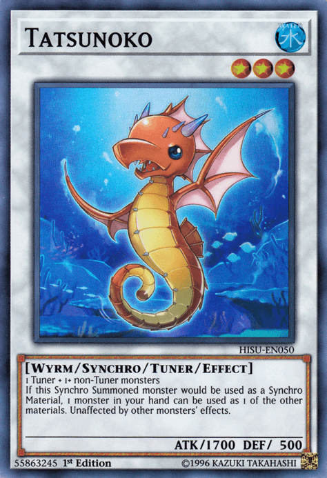A "Yu-Gi-Oh!" trading card featuring Tatsunoko [HISU-EN050] Super Rare, a golden, armored seahorse standing upright with blue eyes, dragon-like wings, and a curled tail. The Synchro/Tuner/Effect Monster card text details its type, attributes, and effects. Stats are 1700 ATK and 500 DEF against a shimmering underwater backdrop.