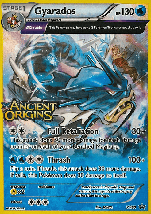 A Pokémon card for Gyarados (XY60) (Prerelease Promo) [XY: Black Star Promos]. This Water-type card has 130 HP and evolves from Magikarp. It features a blue dragon-like creature under water. Attacks include Full Retaliation and Thrash. Bottom stats: Weakness to Electric ×2, no Resistance, and a Retreat Cost of 4 colorless energy from the Pokémon brand.
