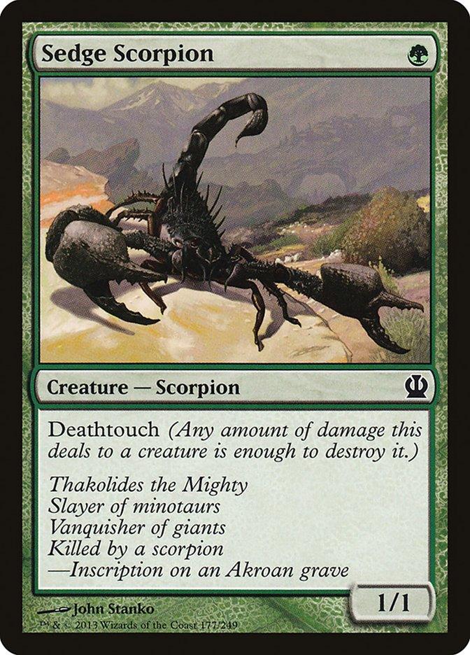 A Sedge Scorpion [Theros] Magic: The Gathering card from Theros. The green background features an illustration of a scorpion in a desert setting. Text reads:

