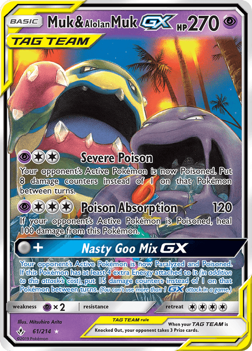 The image depicts a Pokémon Muk & Alolan Muk GX (61/214) [Sun & Moon: Unbroken Bonds] trading card from the Pokémon Unbroken Bonds series. It has 270 HP and is a Tag Team card. The card features abilities like Severe Poison, Poison Absorption (120 damage), and the special attack Nasty Goo Mix GX. The illustration shows two Muk Pokémon, one regular and one Alolan.