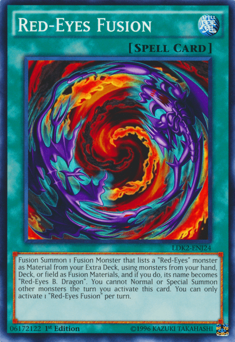 An image of the Red-Eyes Fusion [LDK2-ENJ24] Common Spell Card from the Yu-Gi-Oh! trading card game. The card, part of the Legendary Decks II set, features swirling red, blue, and yellow energies with a dragon-like figure in the center. Its text details fusing "Red-Eyes" monsters from your Extra Deck using materials from your hand, deck, or field.