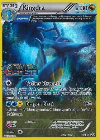 The image shows a Kingdra Pokémon card from the Pokémon Trading Card Game. Kingdra, with 130 HP and evolving from Seadra, features the α Growth trait and two moves: "Gather Strength" and "Dragon Blast." The art depicts Kingdra underwater. This specific card is the Kingdra (XY39) (Staff) [XY: Black Star Promos], part of the Pokémon brand.