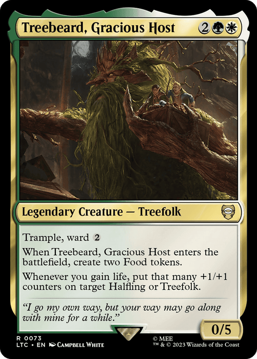 A Magic: The Gathering card named "Treebeard, Gracious Host [The Lord of the Rings: Tales of Middle-Earth Commander]" featuring a detailed illustration of the iconic Treebeard from Tales of Middle-Earth. This large treefolk with green foliage and branches is accompanied by smaller characters. The card has trample, ward 2, and abilities related to Food tokens and +1/+1 counters. It boasts a 0/5