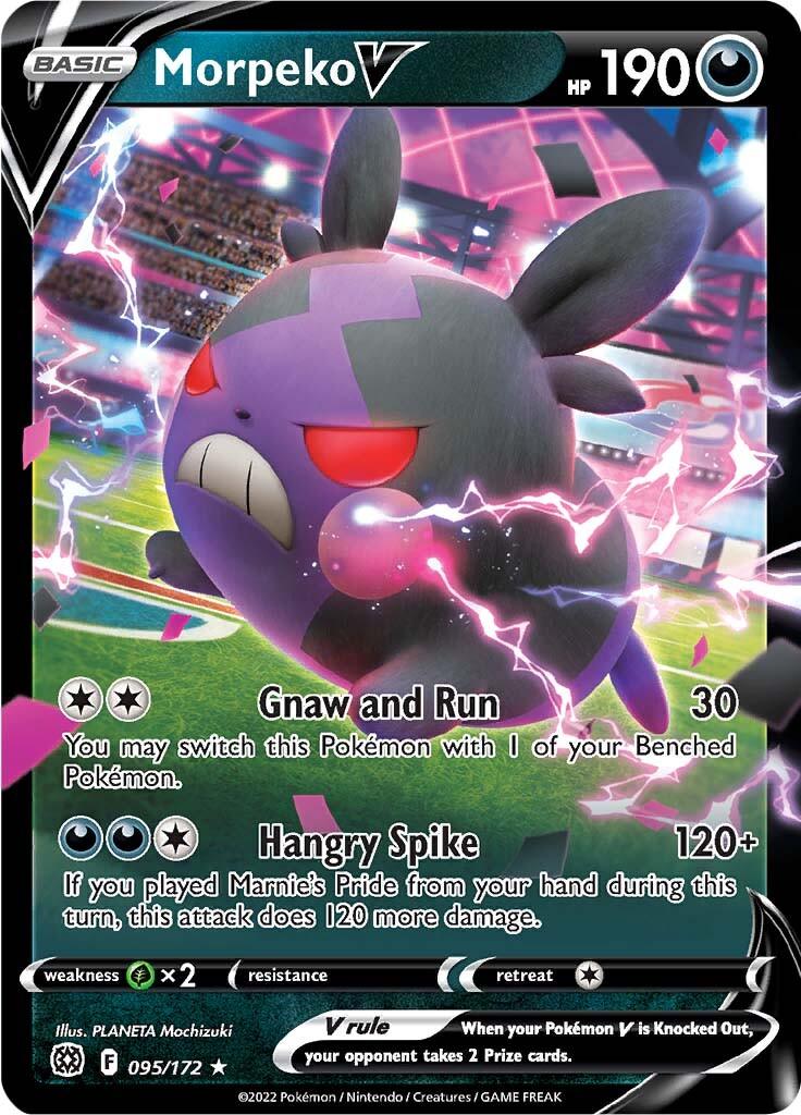 A Pokémon trading card featuring Morpeko V (095/172) [Sword & Shield: Brilliant Stars] with 190 HP. Morpeko, a small rotund Pokémon, appears in an angry mode, with purple and black fur and red eyes. Attacks include 