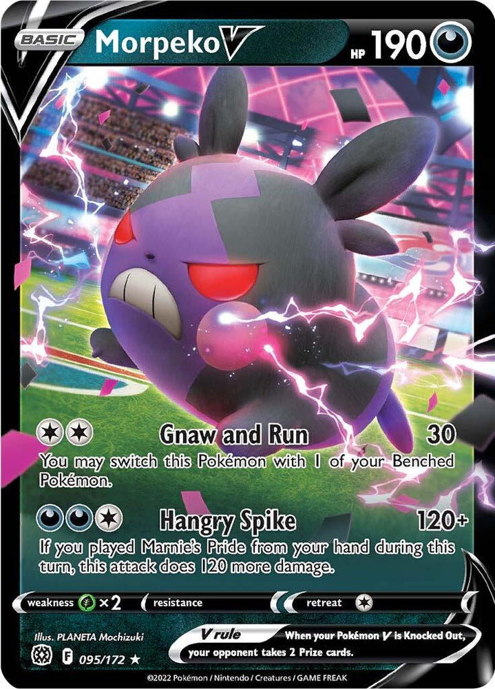 A Pokémon trading card featuring Morpeko V (095/172) [Sword & Shield: Brilliant Stars] with 190 HP. Morpeko, a small rotund Pokémon, appears in an angry mode, with purple and black fur and red eyes. Attacks include "Gnaw and Run" and "Hangry Spike." It is an Ultra Rare card numbered 095/172 from the Sword & Shield Brilliant Stars expansion by Pokémon.