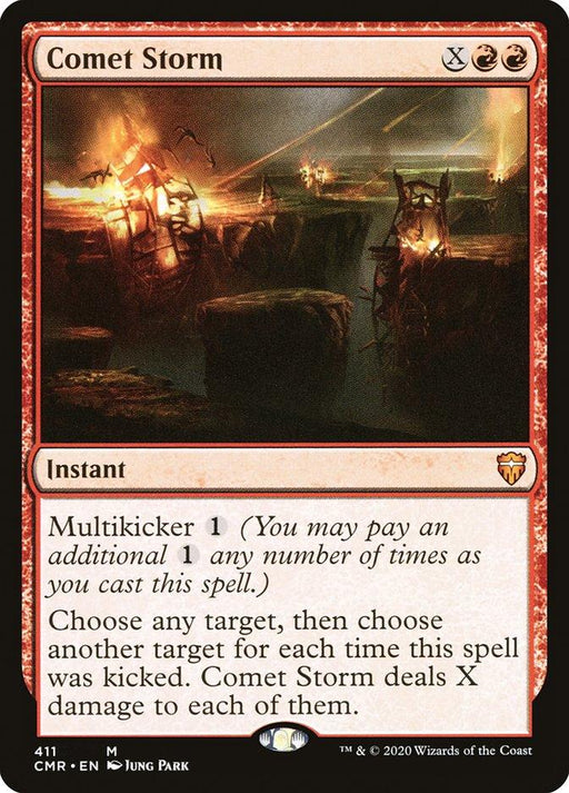 A Magic: The Gathering card, Comet Storm [Commander Legends], showcases molten comets crashing down on a rocky landscape. The Mythic card's text reads: "Multikicker 1. Choose any target, then choose another target for each time this spell was kicked. Comet Storm deals X damage to each of them.