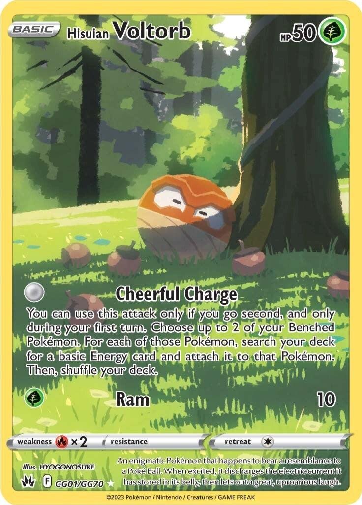 A Pokémon Hisuian Voltorb (GG01/GG70) [Sword & Shield: Crown Zenith] card from Crown Zenith featuring Hisuian Voltorb with a yellow background. Hisuian Voltorb has a wooden-like texture and cheerful expression, with 