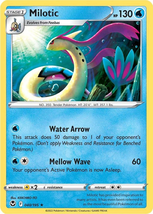 A Pokémon Milotic (040/195) [Sword & Shield: Silver Tempest] trading card from the Sword & Shield series features Milotic, a serpent-like Water-type Pokémon with a white body, red markings, and blue and pink fins. The Silver Tempest card is categorized as a Stage 1 Water type with "HP 130." The attacks listed are "Water Arrow" and "Mellow Wave." The card number is 040/195.