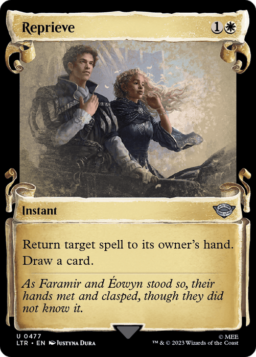 A Magic: The Gathering card titled "Reprieve [The Lord of the Rings: Tales of Middle-Earth Showcase Scrolls]," from The Lord of the Rings: Tales of Middle-Earth set. An instant, it features a man and a woman standing closely, their hands almost touching. Costing 1 generic and 1 white mana, its text reads: "Return target spell to its owner's hand. Draw a card." It's an uncommon gem with set code and