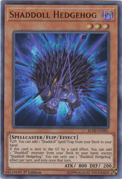A Shaddoll Hedgehog [BLHR-EN081] Ultra Rare Yu-Gi-Oh! card depicting a dark, armored hedgehog with glowing purple eyes and claws. It stands on hind legs with its back spines raised, emitting blue energy spikes. This Ultra Rare Flip/Effect Monster has ATK 800 and DEF 200 and includes a description of its effects.