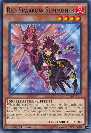 An image of the Yu-Gi-Oh! card "Red Sparrow Summoner [YS14-EN018] Common." The card depicts a character in dark red and black attire, wielding a staff with a bird motif and standing beside a pink mechanical bird. This Spellcaster/Effect monster with 1600 ATK and 1300 DEF is part of the Space-Time Showdown series, featuring an effect description below.