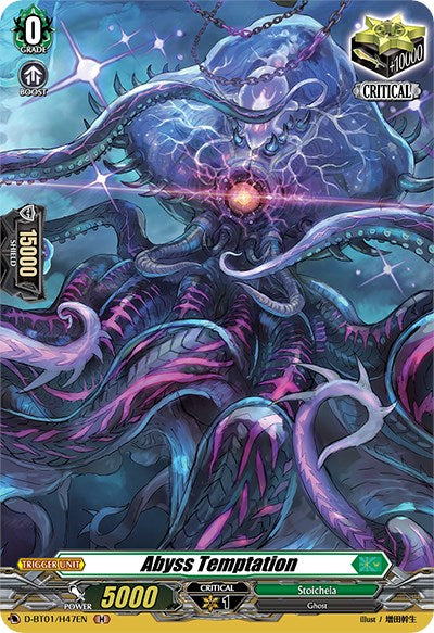 A fantasy trading card from Bushiroad titled "Abyss Temptation (D-BT01/H47EN) [Genesis of the Five Greats]" featuring a Grade 0 Critical Trigger Unit. The card displays a Ghost creature with multiple ghostly tentacles and ethereal, glowing features. It has a power of 5000, critical value of 1, and bears the "Stoicheia" attribute against a dark and mystical background.