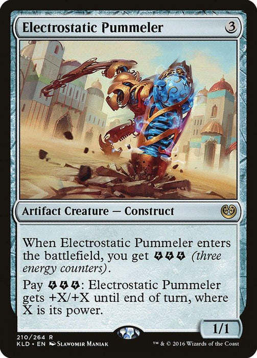 A Magic: The Gathering card titled "Electrostatic Pummeler [Kaladesh]" depicts a blue, glowing construct brandishing an energy-filled fist in an electrified stance. This artifact creature has a casting cost of 3 mana, power/toughness of 1/1, and special energy counter abilities that amplify its prowess in battle.