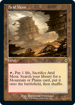 A Magic: The Gathering card named "Arid Mesa (Retro) [Modern Horizons 2]." This rare land from Modern Horizons 2 features artwork of a vast, desert-like landscape with towering rock formations and ominous clouds. The card text reads: "{tap}, Pay 1 life, Sacrifice Arid Mesa (Retro) [Modern Horizons 2]: Search your library for a Mountain or Plains card, put it onto the battlefield, then shuffle." Illustrated by Raymond Swan