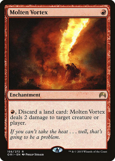 Magic: The Gathering's "Molten Vortex [Magic Origins]," from the Magic Origins set, is a red-bordered enchantment featuring art by Philip Straub. A fiery vortex spirals in a dark sky, and the card reads, "Red mana, Discard a land card: Molten Vortex deals 2 damage to target creature or player." Set number 156/272.