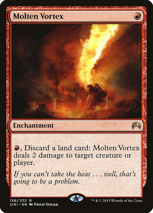 Magic: The Gathering's "Molten Vortex [Magic Origins]," from the Magic Origins set, is a red-bordered enchantment featuring art by Philip Straub. A fiery vortex spirals in a dark sky, and the card reads, "Red mana, Discard a land card: Molten Vortex deals 2 damage to target creature or player." Set number 156/272.