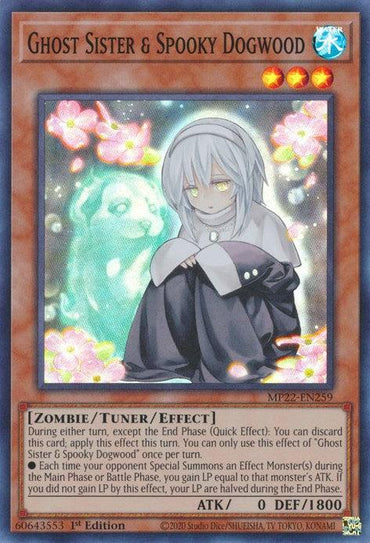 A Yu-Gi-Oh! card titled "Ghost Sister & Spooky Dogwood [MP22-EN259] Super Rare" from the 2022 Tin of the Pharaoh's Gods. It depicts a pale-skinned, white-haired girl with closed eyes, wearing a white hooded cloak over a black outfit. She holds a green leaf in front of her face. This Tuner/Effect Monster has 0 ATK and 180