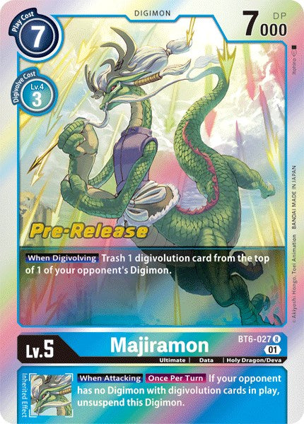 The image showcases a Rare Digimon card of Majiramon, depicted as a dragon-like creature with a lengthy green serpentine body and white hair. Part of the Double Diamond Pre-Release set, this card carries the name Majiramon [BT6-027] and features a play cost of 7, level 5, and 7000 DP. It includes special effects for 