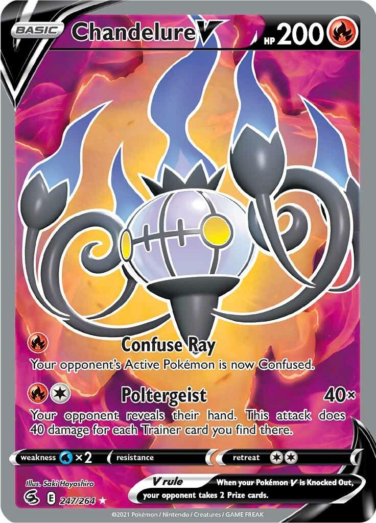 A Pokémon trading card featuring Chandelure V glows with ghostly, purple flames. This Ultra Rare card boasts 200 HP and two attacks: 