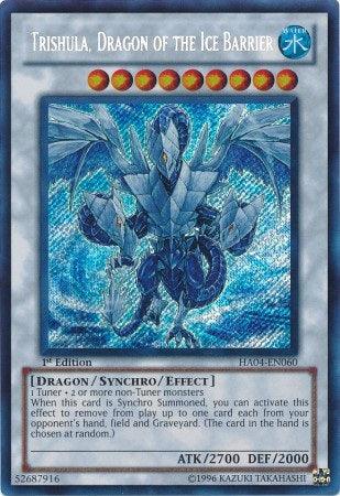 A "Yu-Gi-Oh!" trading card featuring Trishula, Dragon of the Ice Barrier [HA04-EN060] Secret Rare, a powerful Synchro Monster. The dragon is icy blue with three heads and detailed wings. As a Secret Rare from Hidden Arsenal 4, it has 2700 attack points and 2000 defense points, with its summoning requirements and effects detailed on the card.