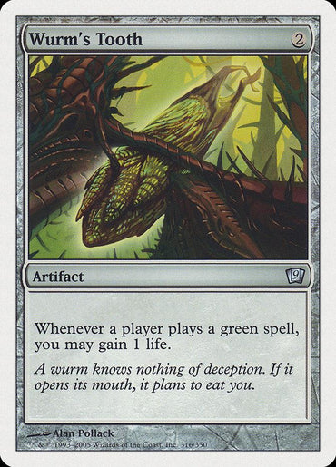 A Magic: The Gathering card named "Wurm's Tooth" from the Ninth Edition. This uncommon artifact card showcases a creature that looks like a large, green-scaled wurm with wings in a wooded setting. It costs 2 mana and grants the player 1 life whenever they cast a green spell. Flavor text and credit are located at the bottom of the card.